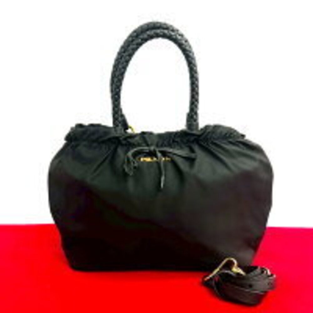 PRADA Logo Rion Tessuto Leather Shoulder Bag Handbag Black